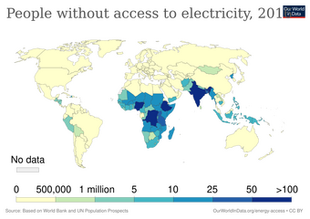 Map of people with access to energy. Lack of access is most pronounced in India, Sub-Saharan Africa and South-East Asia.
