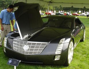 Man looking at Cadillac Sixteen with open hood.