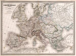 Map of the First French Empire in 1812, divided into 130 départements, with the kingdoms of Spain, Portugal, Italy and Naples, and the Confederation of the Rhine and Illyria and Dalmatia