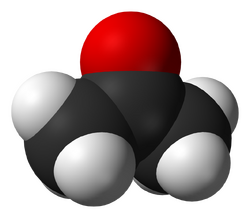 A ball structure of a molecule. Its backbone is a zig-zag chain of three carbon atoms connected in the center to an oxygen atom and on the end to 6 hydrogens.