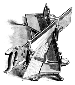 Illustration of a metal mitre box used for cutting angles from 45° to 90°