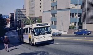 A trolleybus climbing an 18% grade in Seattle