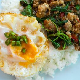 Phat kaphrao mu – Thai holy basil with pork – a common dish in Thailand.