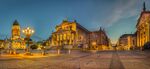 Panorama of the Gendarmenmarkt, showing the Konzerthaus Berlin, flanked by the German Church (left) and French Church (right)