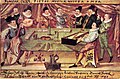 1590, Collegium Musicum, Lauingen, Germany. From the left: viol, flute, mandörgen or gittern, fiddle or rebec, shawm, harp, slide trumpet or clarion trumpet, cornett, clavichord.