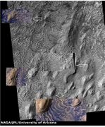 Layers in Danielson Crater with enlargements of some spots (indicated with arrows).
