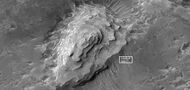 Close view of layered mound in Crommelin crater, as seen by HiRISE under HiWish program Box indicates the size of a football field for scale.
