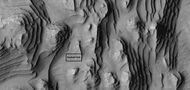 Close view of layers, as seen by HiRISE under HiWish program Box shows size of football field.