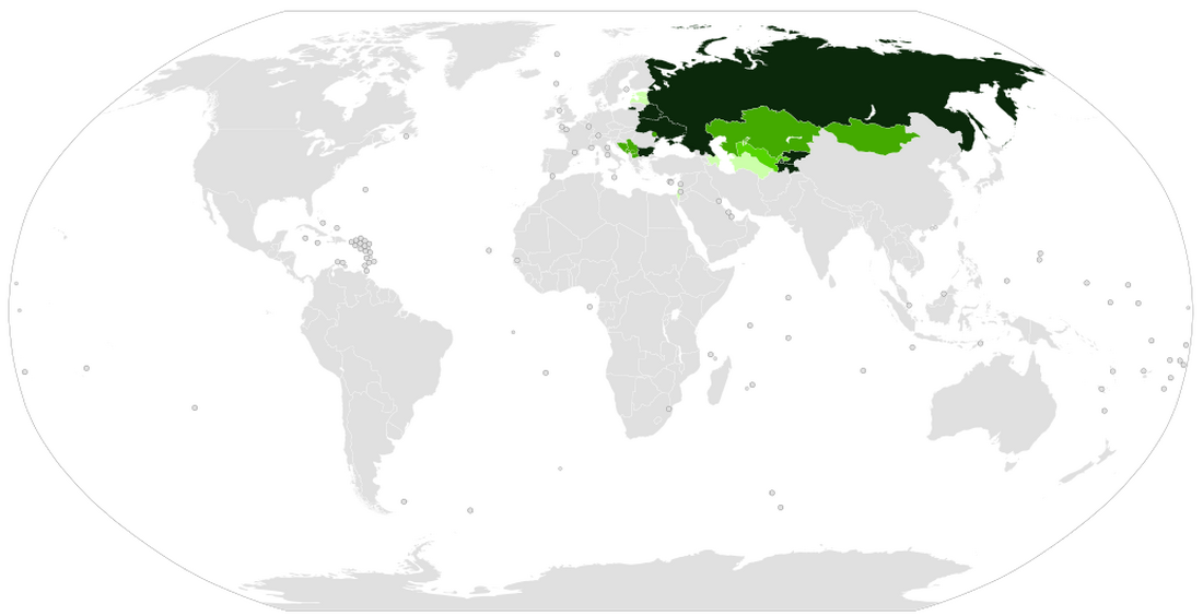 alt=Countries with widespread use of the Cyrillic script:   Sole official script   Co-official with another script (either because the official language is biscriptal, or the state is bilingual)   Being replaced with another script, but is still in official use   Legacy script for the official language, or large minority use   Cyrillic is not widely used