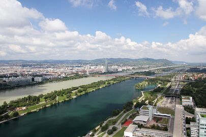 The New Danube in the front, the main Danube in the back, with the Donauinsel in-between