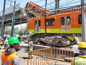 Wreckage of the collapsed Mexico City Metro train in Mexico City, Mexico