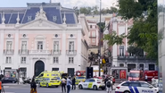 Wreckage of the funicular involved in the 2025 Ascensor da Glória derailment in Lisbon, Portugal
