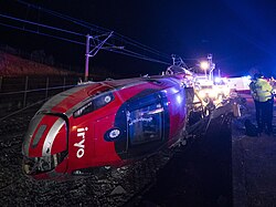 Wreckage of a train involved in the 2026 Adamuz rail disaster in Adamuz, Spain