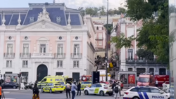 Wreckage of the funicular involved in the 2025 Ascensor da Glória derailment in Lisbon, Portugal