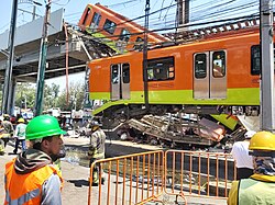 Wreckage of the collapsed Mexico City Metro train in Mexico City, Mexico