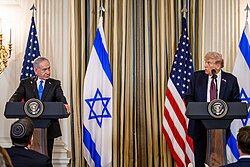 US president Donald Trump and Israeli prime minister Benjamin Netanyahu, announcing the Gaza peace plan during a press conference.