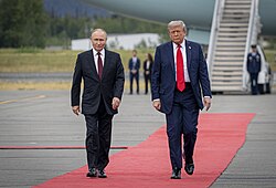 US president Donald Trump greets Russian president Vladimir Putin at the Alaska summit for the first time since the 2022 Russian Invasion of Ukraine to progress peace talks.
