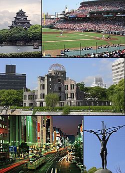 From top left:Hiroshima Castle, Baseball game of Hiroshima Toyo Carp in Hiroshima Municipal Baseball Stadium, Hiroshima Peace Memorial (Genbaku Dome), Night view of Ebisu-cho, Children's Peace Monument