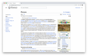 Screenshot of the English Wikipedia article "Platypus", viewed online through a web browser.