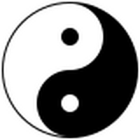 Symbol of yin and yang. It has a circular shape split into two swirling halves. One half is black with a white dot inside. The other half is white with a black dot inside.