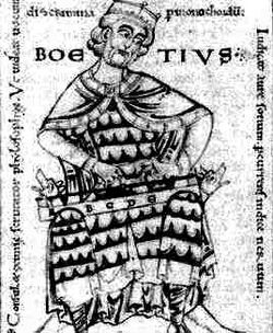 Medieval illustration showing Boethius from the front against a light background in a sitting position, dressed in green clothes with a red cloak