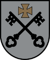 Argent two keys sable saltirewise under a cross pattée or (Lesser coat of arms of Riga, Latvia)