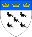 Argent five martlets saltirewise sable on a chief azure three ducal crowns or (Bodley)