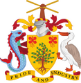 Coat of arms of Barbados with Sugar Canes held saltirewise.