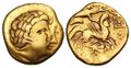 Gold stater of the Cenomani, on the reverse an androcephalous horse led by a charioteer extending a vexillum in front of it, riding over a fallen enemy.