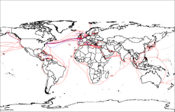World map with red and blue lines