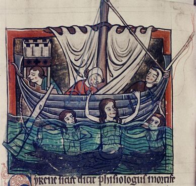 Sirens swimming, in Bodleian bestiary