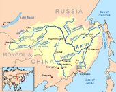 Drainage basin of the Amur River, also showing the island of Sakhalin in the east