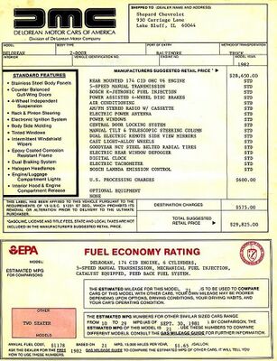 1982 DMC-12 window sticker