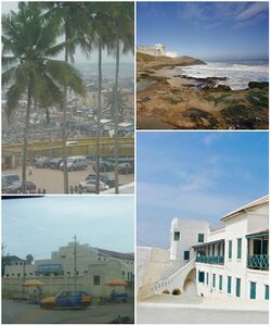Counter-clockwise from top-left image: Arch bridge and harbour view from Elmina Castle; City hall of Cape Coast; Cape Coast Castle; Cape Coast shoreline.