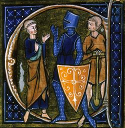 A miniature depicting a tonsured man, a fully armored man wearing a shield, and a man who holds a spade