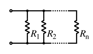 Circuit diagram of several resistors, labelled R1, R2 ... Rn, side by side, both leads of each connected to the same wires