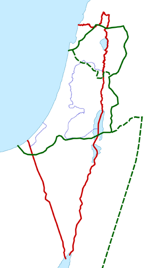   Boundary of Syria Palaestina   Boundary between Palaestina Prima (later Jund Filastin) and Palaestina Secunda (later Jund al-Urdunn)   Borders of Mandatory Palestine between 1920 and 1948   Borders between Israel and the State of Palestine (i.e. West Bank and Gaza Strip)