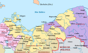 Pomerania in 1400, including the Pomerania-Stolp, with which Stargard was in the personal union.