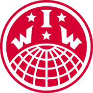 Globe logo with the letters I.W.W. separated by three stars. Encircled by the name, "Industrial Workers of the World."