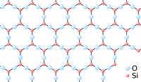 Regular hexagonal pattern of Si and O atoms, with a Si atom at each corner and the O atoms at the centre of each side.
