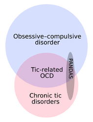 OCD and chronic tic disorders intersect but neither is a subset of the other. Tic-related OCD is their intersection. PANDAS is a small subset of the union of OCD and tic disorders, and is in all three subregions of their union.