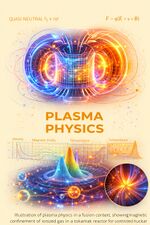 Conceptual illustration of plasma physics in a fusion context, showing magnetically confined ionized gas in a tokamak and the collective behavior governed by electromagnetic fields and transport processes.