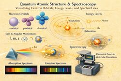 Quantum atomic structure and spectroscopy: orbitals, energy levels, and emission and absorption spectra.