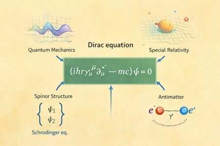 Conceptual visualization of the Dirac equation, showing the union of quantum mechanics, special relativity, spinor structure, and antimatter.