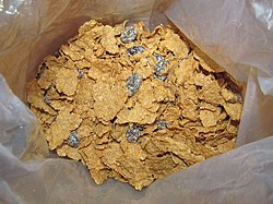 Raisins and bran flakes, inside a cereal box. Multiple raisins are visible on top of the flakes