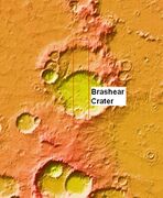 Wide view of Brashear (Martian Crater) near other craters, as seen by MOLA in which elevations are indicated by different colors.