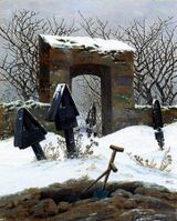 Graveyard under Snow (1826). 31 × 25 cm. Museum der bildenden Künste, Leipzig. Friedrich sketched memorial monuments and sculptures for mausoleums, reflecting his obsession with death and the afterlife. He also created some of the funerary art in Dresden's cemeteries.[100]