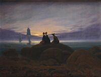 Moonrise over the Sea (1822). 55 × 71 cm. Alte Nationalgalerie, Berlin. During the early 1820s, human figures appear with increasing frequency in his paintings. Of this period, Linda Siegel writes, "the importance of human life, particularly his family, now occupies his thoughts more and more, and his friends appear as frequent subjects in his art."[38]