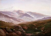 The Giant Mountains (1830–1835). 72 × 102 cm. Alte Nationalgalerie, Berlin. Friedrich sought not just to explore the blissful enjoyment of a beautiful view, as in the classic conception, but rather to examine an instant of sublimity, a reunion with the spiritual self through the contemplation of nature.[102]