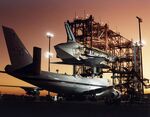 Atlantis being prepared to be mated to the Shuttle Carrier Aircraft using the Mate-Demate Device following STS-44.